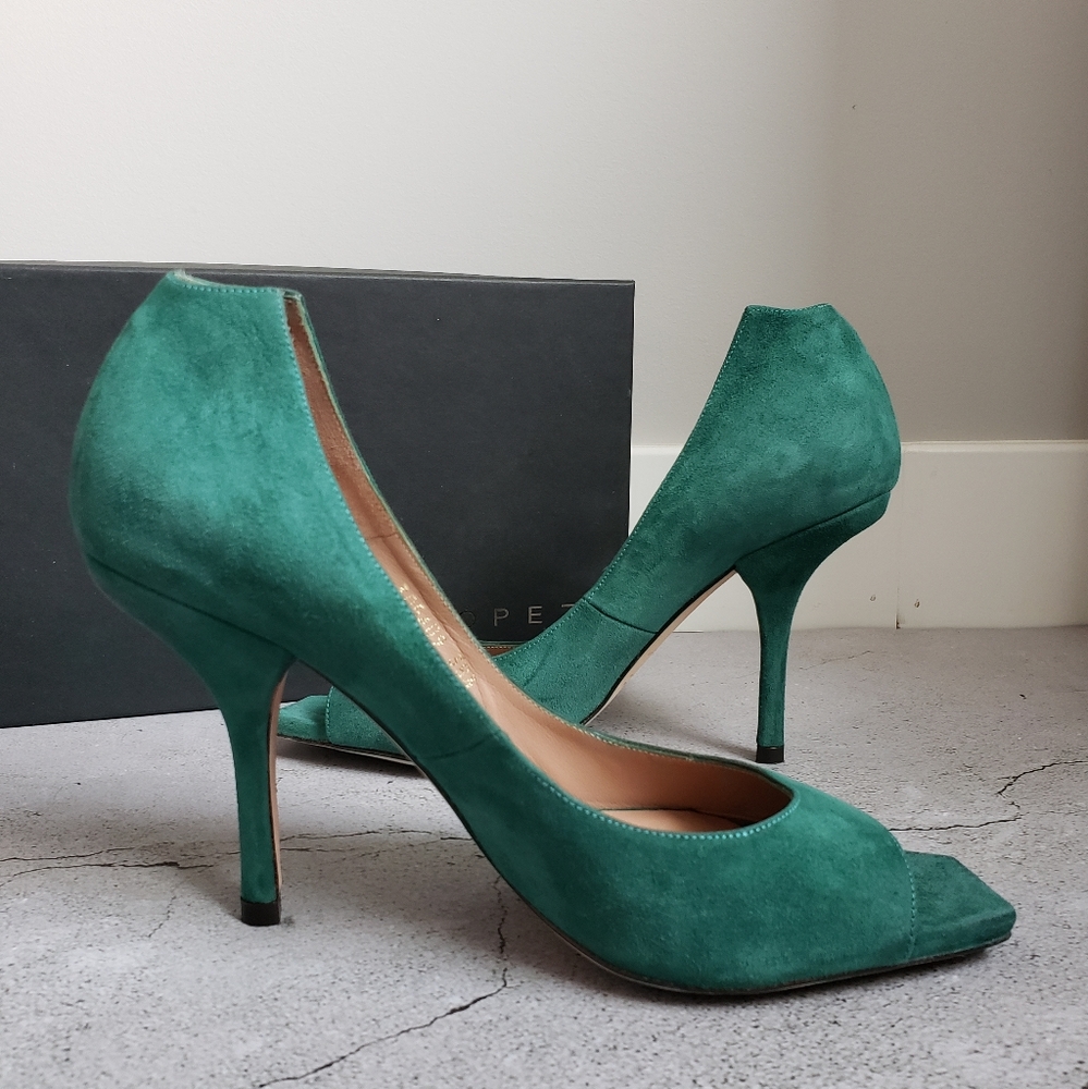Pura Lopez Emerald Green Suede Peep Toe Pumps Sz 38.5 - Picture 7 of 15